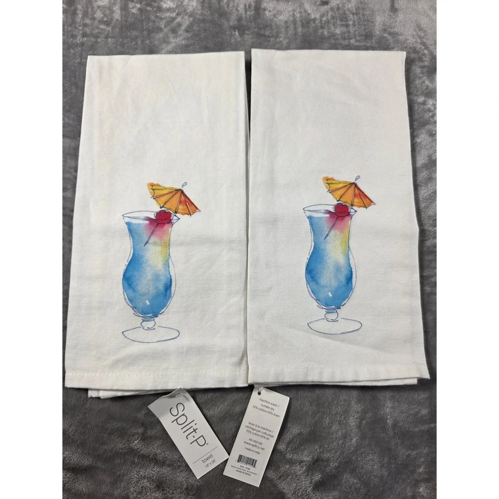 Split P Kitchen Towels 18x26 Linen Blend Hawaiian Tropical Drink Set of 2 NWT